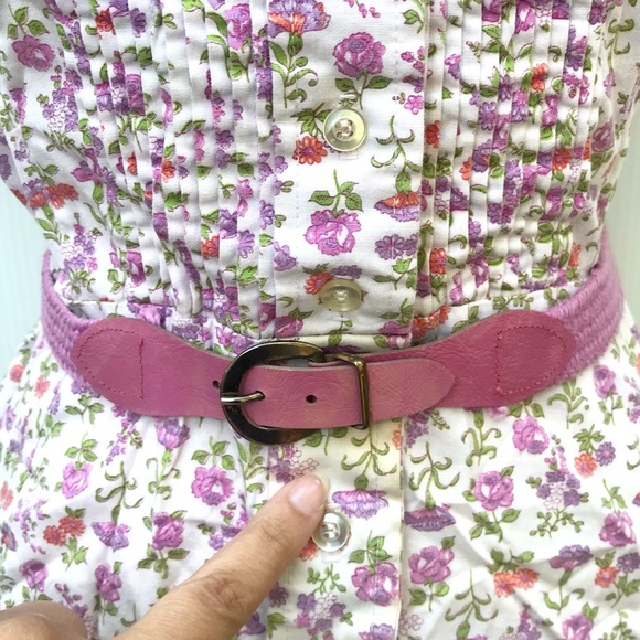 Vintage 60’s pink & purple floral cotton button down belted shirt dress - Picture 10 of 12